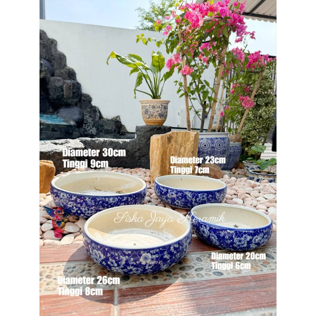 pajangan hiasan pot tanam bonsai bulat set 4 porselen keramik import