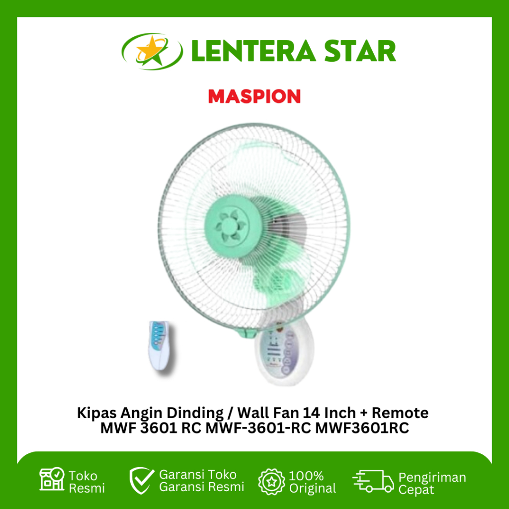 Maspion Kipas Angin Dinding Wall Fan + Remote 14 - 16 Inch MWF 3601 RC MWF3601RC / 4001 MWF4001RC