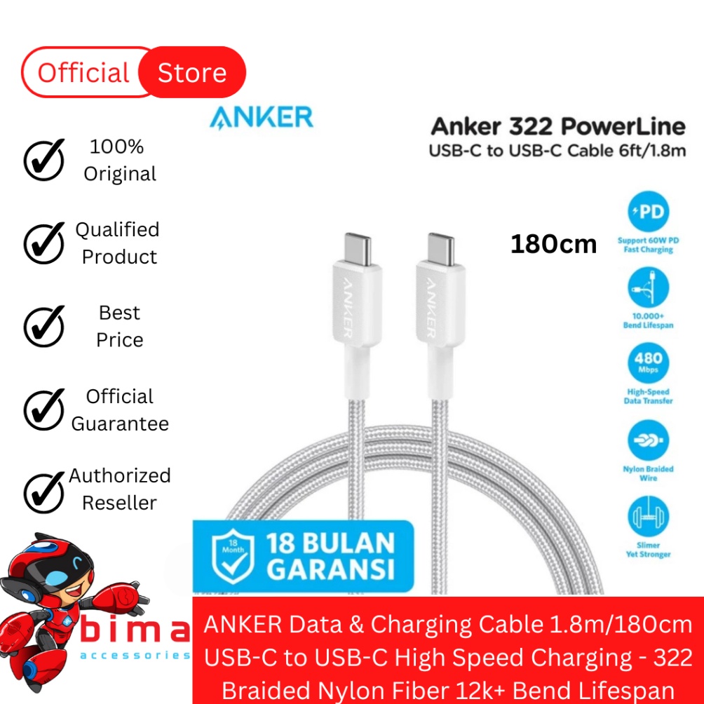 KODE C27H ANKER Kabel Charger Data Cable Fast Charging USBC to USBC 6 Watt Type C Panjang 18cm  6ft 