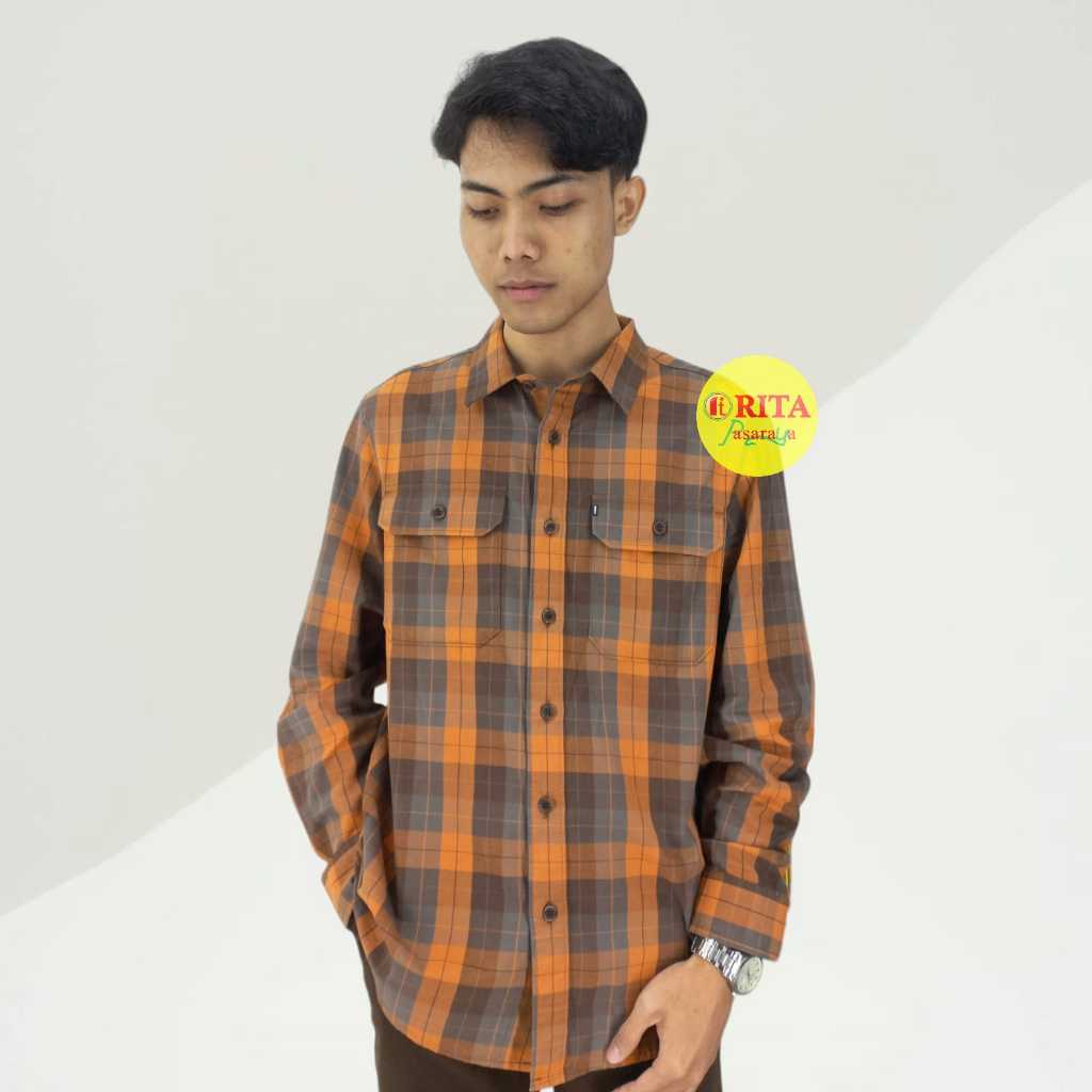 M.GEE Kemeja Lengan Panjang Kotak Orange Pria