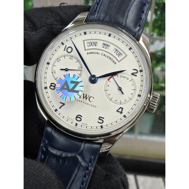 Jam tangan Classic Automatic Swiss Power Reserve IWC Annual Calendar Blue silver Leather strap Stain