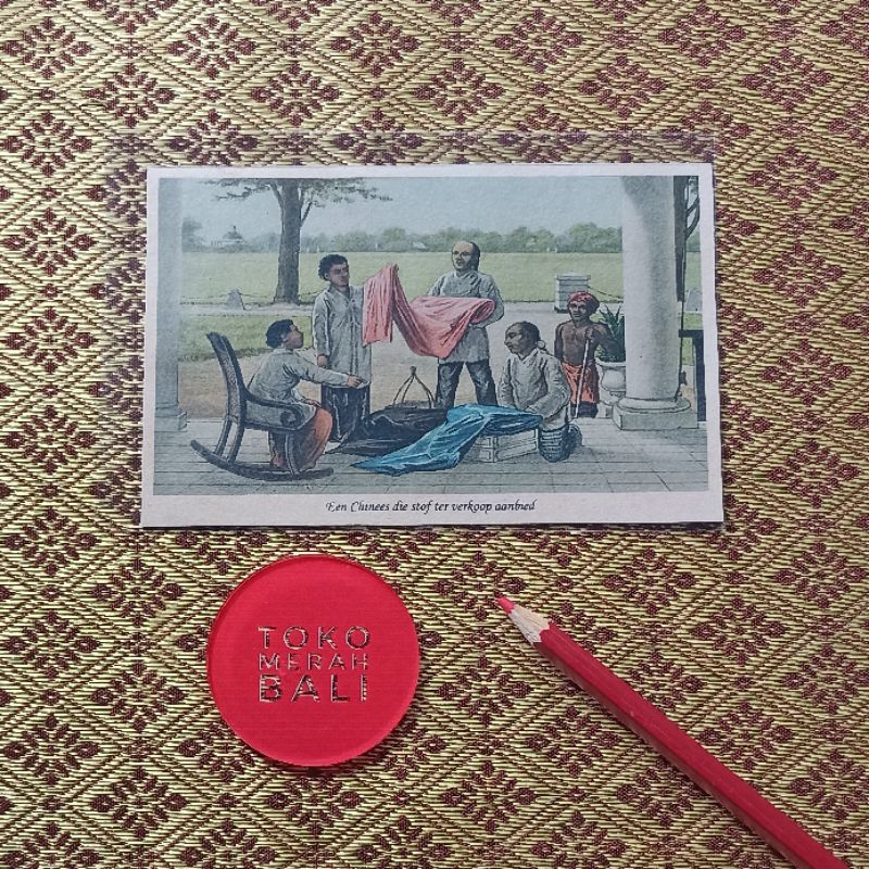 

Kartu pos antik pedagang kain Tionghoa orang China jual kain, kartu pos litograf lukisan JC Rappard, NOS PPC Royal Institute Tropenmuseum postcard kuno