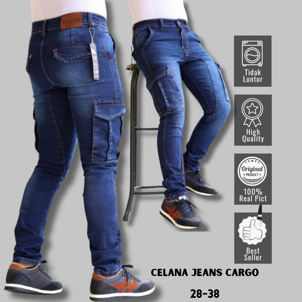 Cargo Jeans Pria Original Denim Stretch - Celana Panjang Jeans warna Biru - Jeans Cargo Casual Kuali