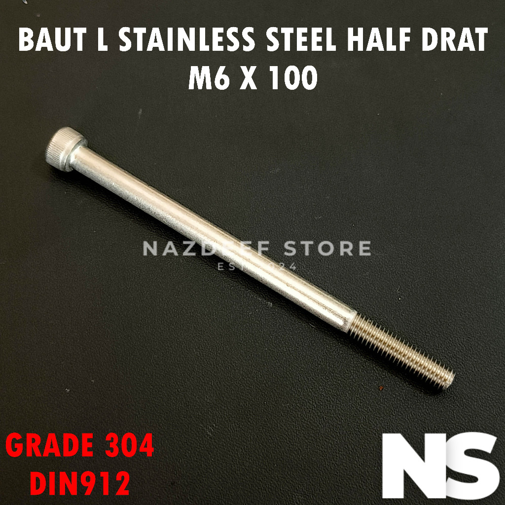 Baut L M6x100 M6 x 100 Half Drat Stainless Steel 304