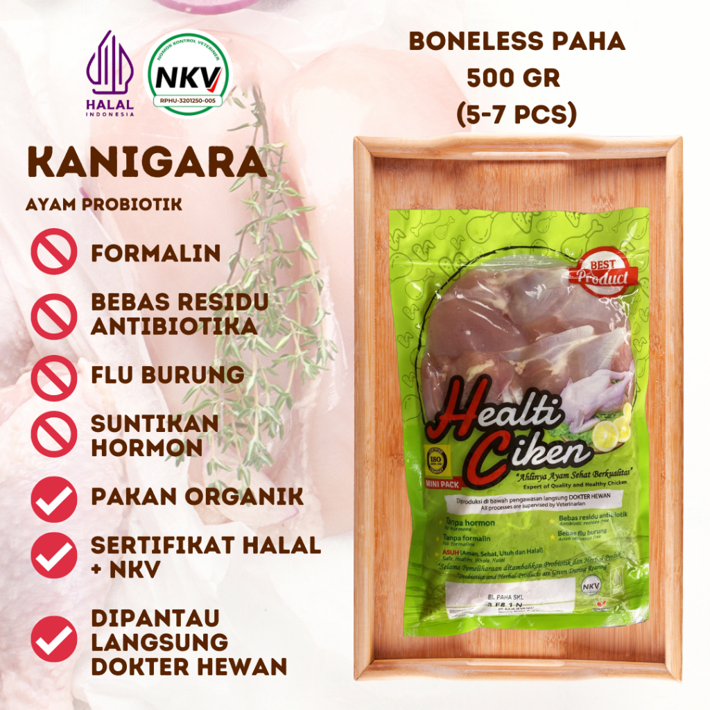 

HEALTI CIKEN HEALTHY CHICKEN DAGING AYAM SEHAT PROBIOTIK BONELESS PAHA HALAL NKV PROBIOTIK 400 GR SD 500 GR