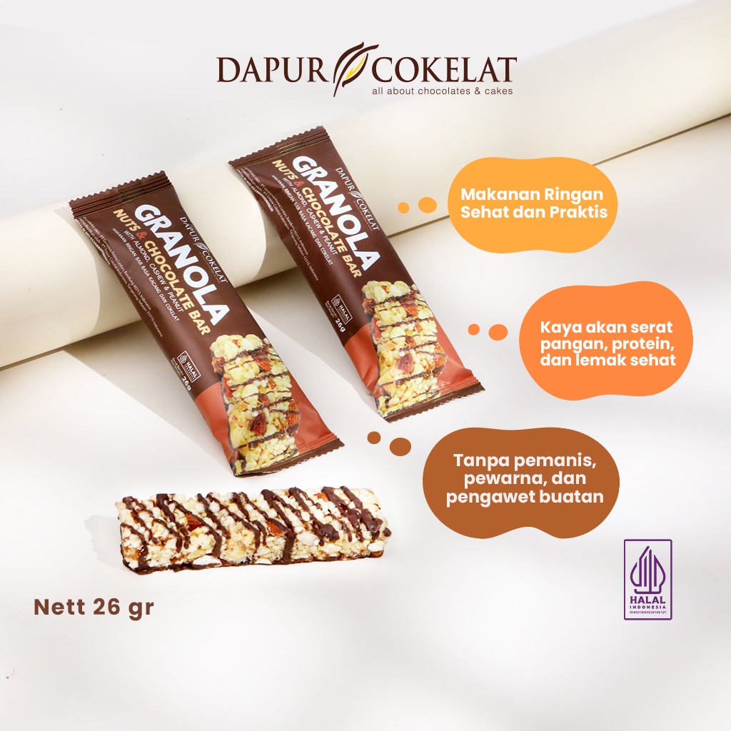 

DAPUR COKELAT - Granola Nuts & Chocolate Bar 26gr | Snack Cemilan Sehat Cokelat dan Kacang-kacangan