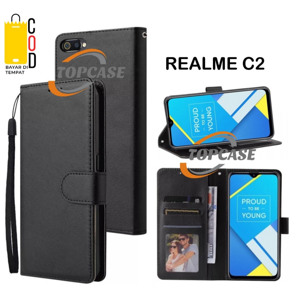 Leather Case Flip REALME C2 - Flip Case Kulit Untuk REALME C2 - Casing Dompet Wallet