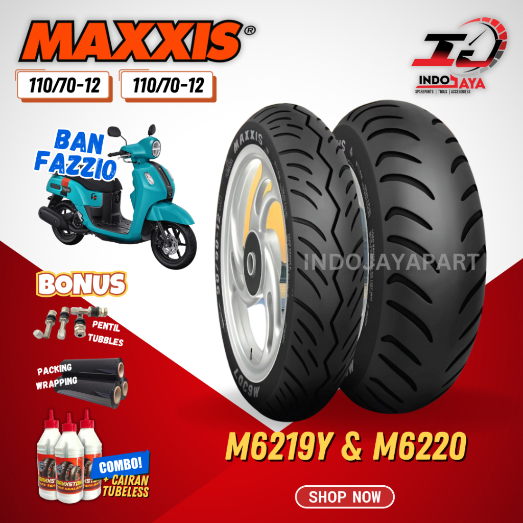 PRODUK TERBARU [PAKET DEPAN + BELAKANG] BAN TUBELESS MAXXIS UNTUK FAZZIO M6219 Y / M6220 (110/70-12)