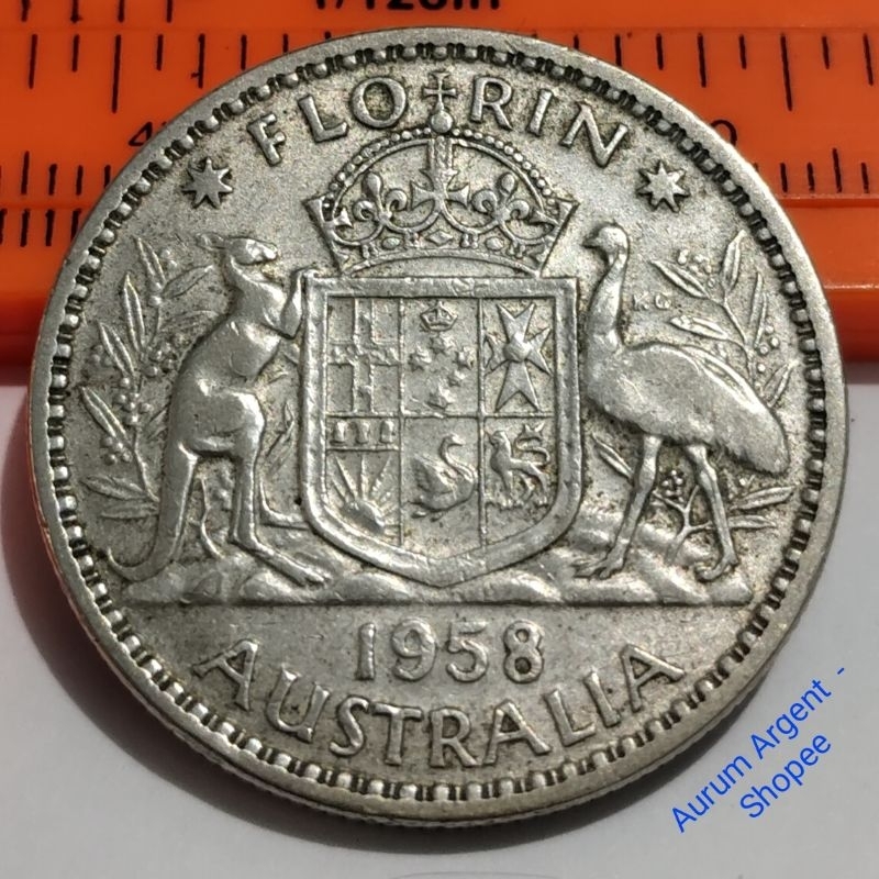 SKK.22-- 1 PC KOIN PERAK KUNO ASLI FLORIN ELIZABETH II TH 1958. -- SILVER COIN --