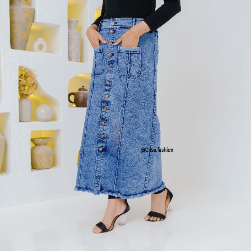 Rok Span Jeans Panjang Wanita Full Kancing