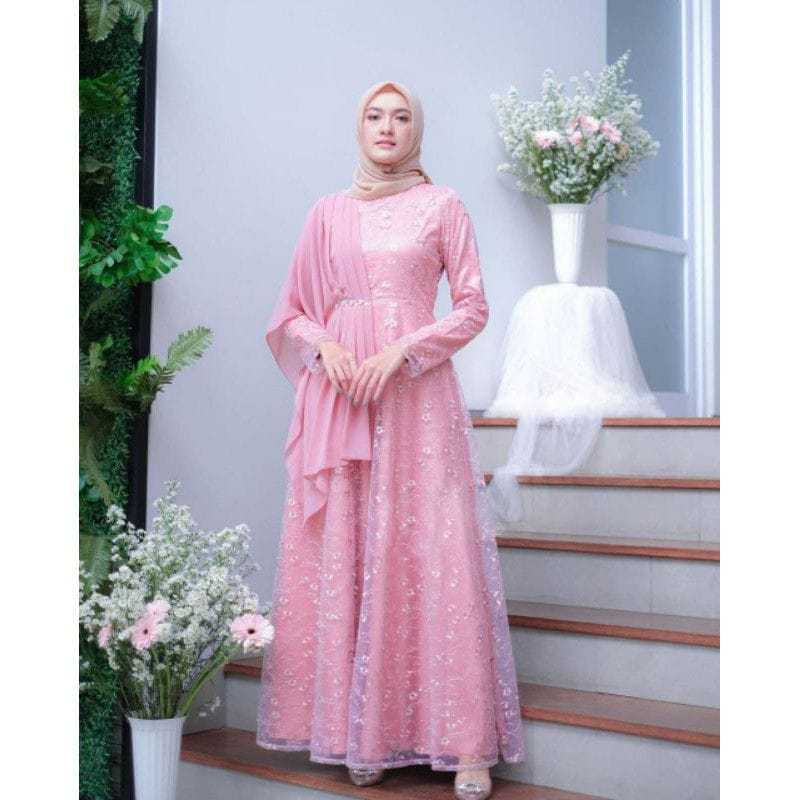 Ready Jumbo Gamis Brokat Aleena Leyer Material Satin Mix Brokat Gamis Kondangan Wisuda Bridesmaid