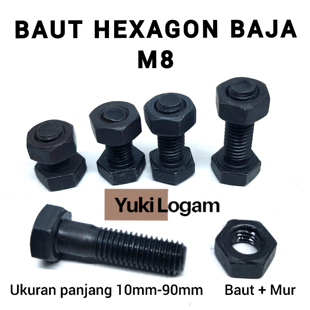 Baut Mur Hexagon Baja M8  kunci 13 ukuran panjang 10mm sampai 90mm hitam.