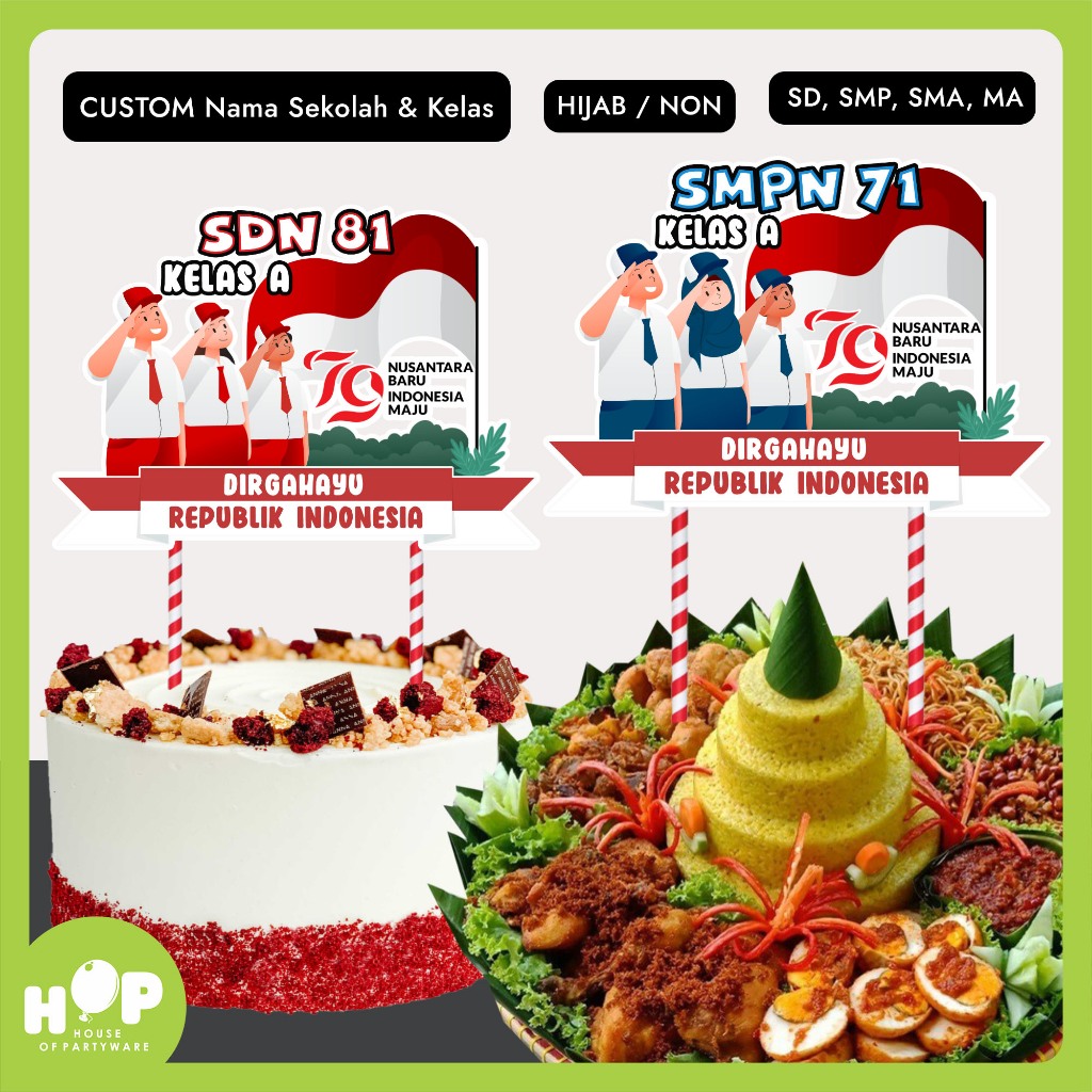 

Topper Tumpeng RI 17 AGUSTUS Sekolah SD SMP SMA Hiasan Tumpeng Cake Kemerdekaan HUT RI 79 Bisa Custom Nama Sekolah