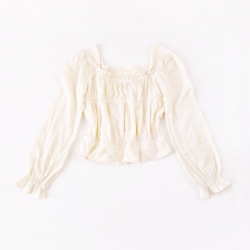 Lily Ruched Blouse With Ruffle Hem Natural Dye Atasan Kaos Crop Top Kerah Persegi Lengan Panjang Den