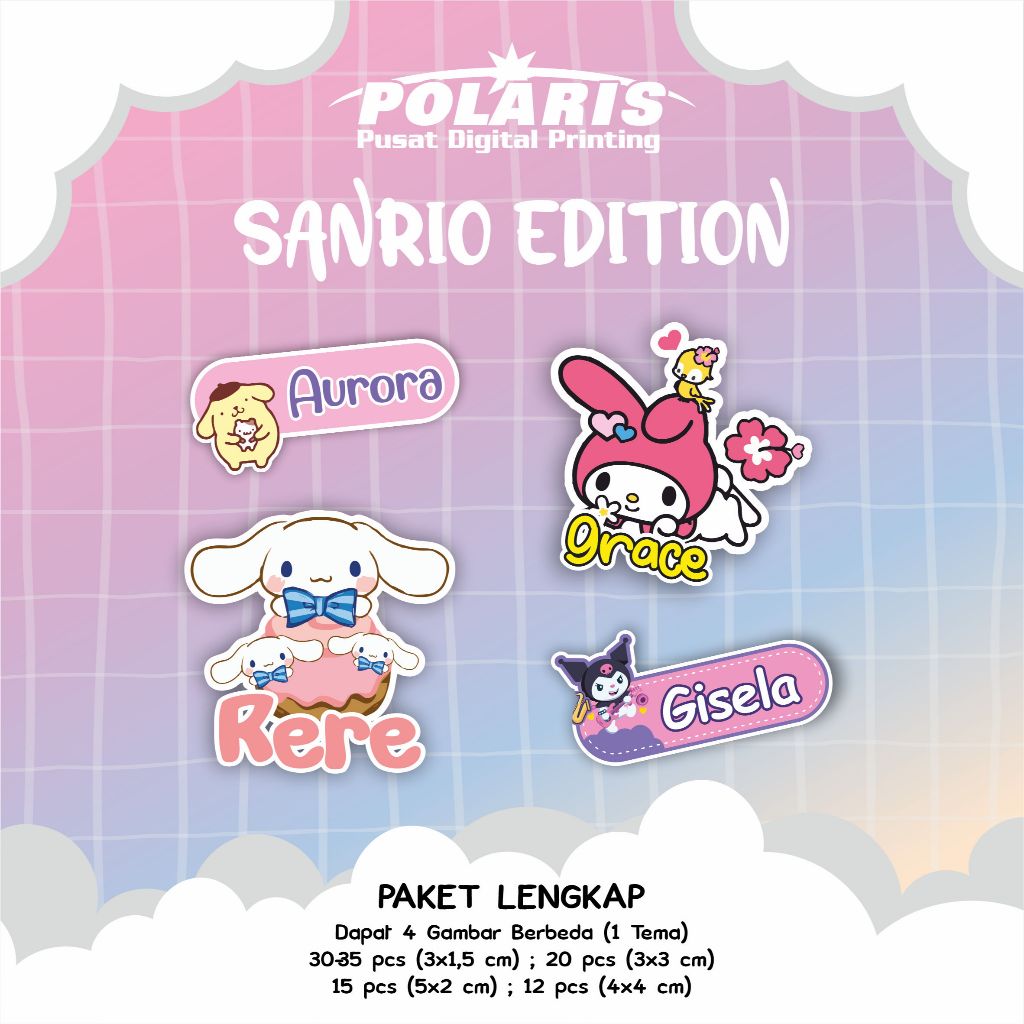

Paket Stiker Nama Anak Sanrio Edition Bahan Vinil Anti Air High Quality