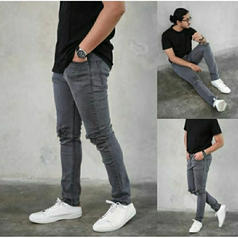 Celana Panjang Jeans Pria Slimfit Sobek Lutut Ripped Denim Pensil Soft Jeans Stretch Skinny Premium