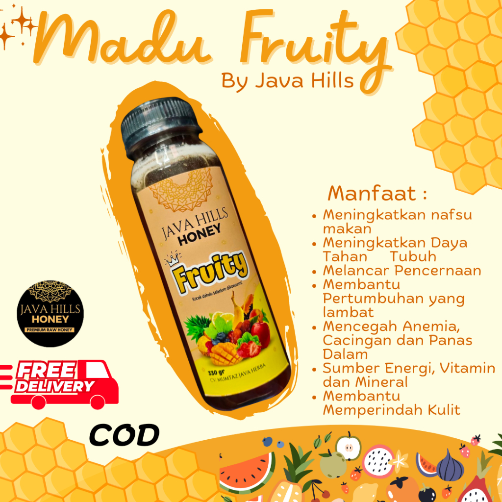 

Madu Herbal Fruity 330gr by Java Hills Honey | Perpaduan Rasa Madu dan Buah Yang Kaya Rasa Dan Manfaat Bagi Tubuh Karena Mengandung Banyak Vitamin dan Mineral Yang Dibutuhkan Oleh Tubuh, Meningkatkan Imunitas Tubuh dan Nafsu Makan | COD