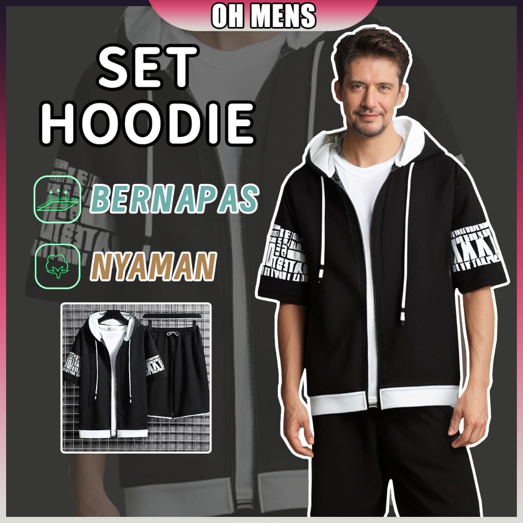 Hoodie pria one set hoodie setelan hoodie fashion terbaru hoodie dan celana pendek Kain perasaan es 