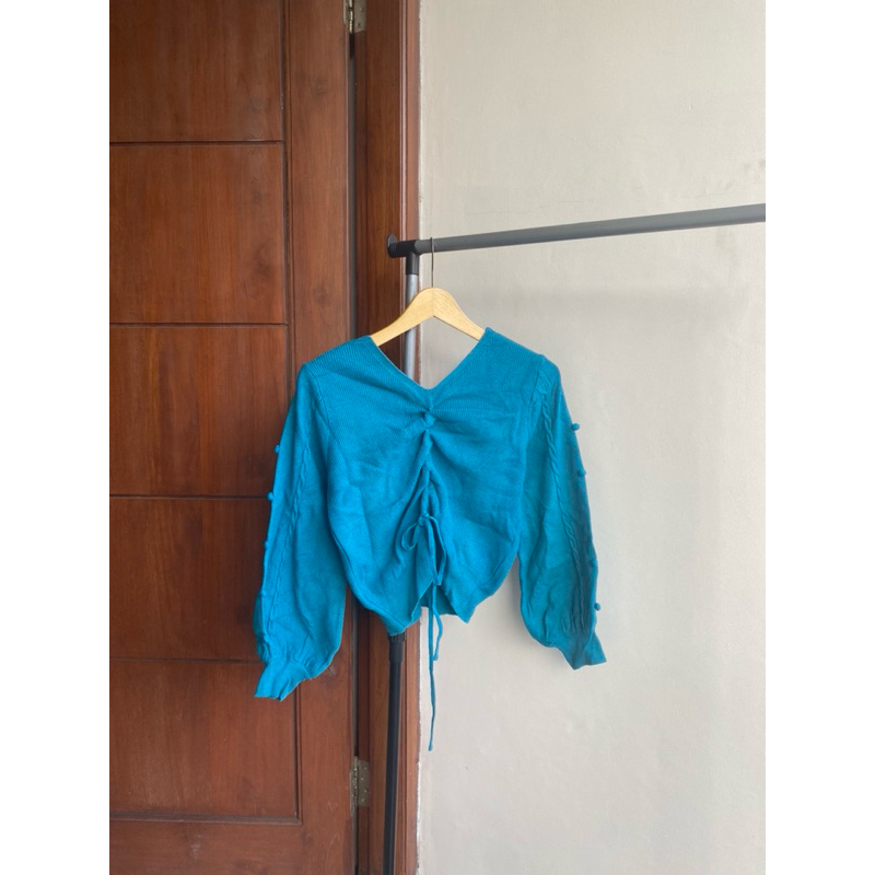 sweater rajut serut crop lengan balon - crop knit sweater emerald blue - sweater lengan balon - knit