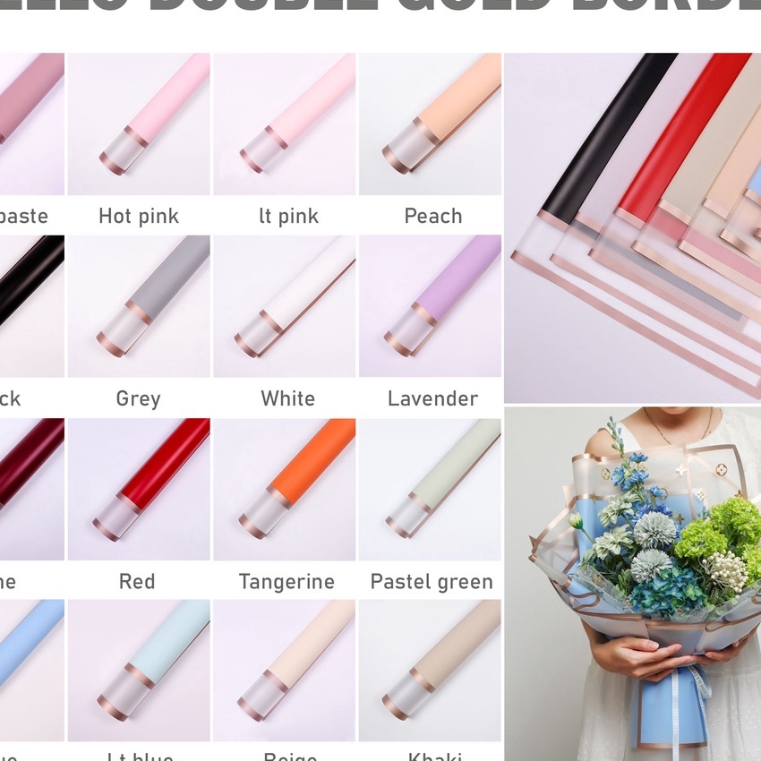 

Beli 2 Lembar Kertas Buket Cellophane Double Gold Border Flower Wrapping
