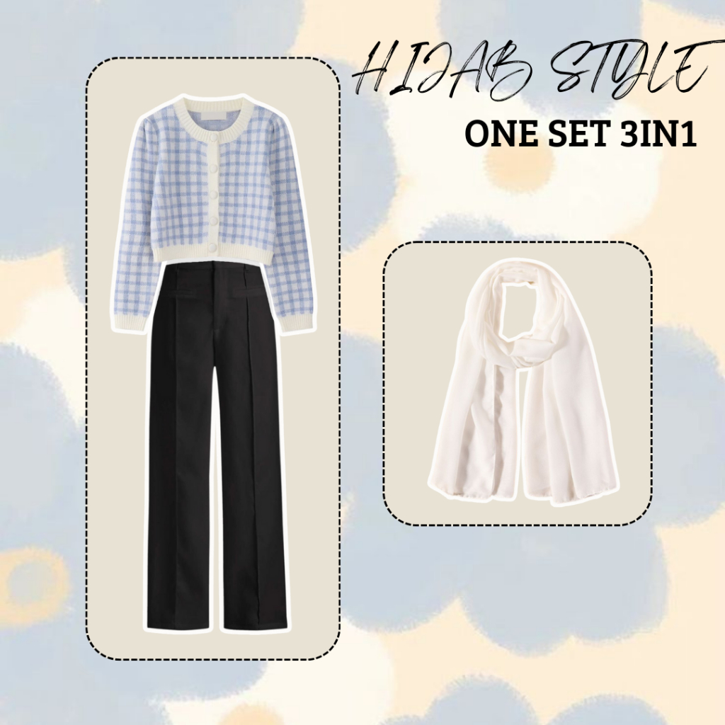 ONE SET 3IN1 HIJAB KOREAN STYLE KEKINIAN PAKET OOTD CARDIGAN+CELANA+HIJAB