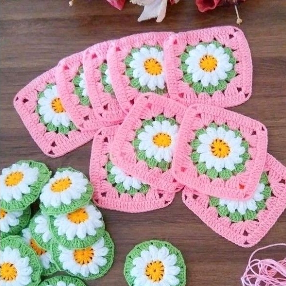 Granny Square 4 | Granny Square Daisy 2 | Coaster Rajut | Crochet Coaster