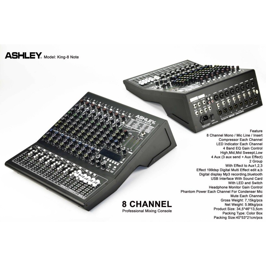 Mixer ASHLEY KING 8 Channel NOTE KING8 ORIGINAL Efek Soundcard Pro USB recording