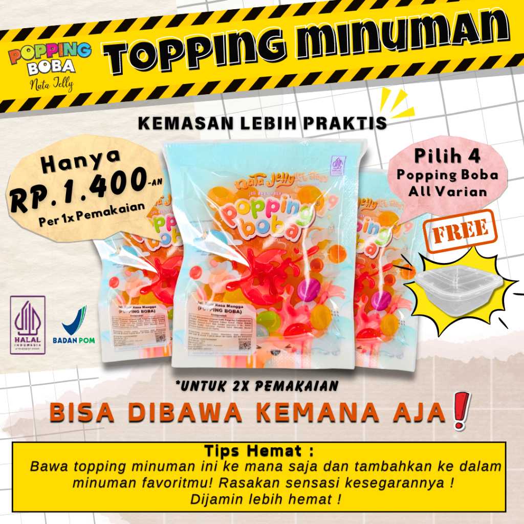 

Popping Boba Nata Jelly - Popping Boba Meletus Rasa Mangga 30 Gram | Topping Minuman Pecah Dimulut | Tersedia juga rasa lainnya