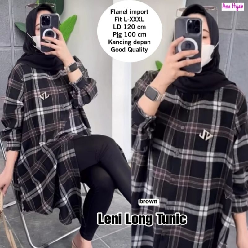 LENI LONG TUNIC TOP ATASAN BLOUSE BAJU KEMEJA TUNIK JUMBO FLANEL IMPORT LD 120 CM FIT XXXL