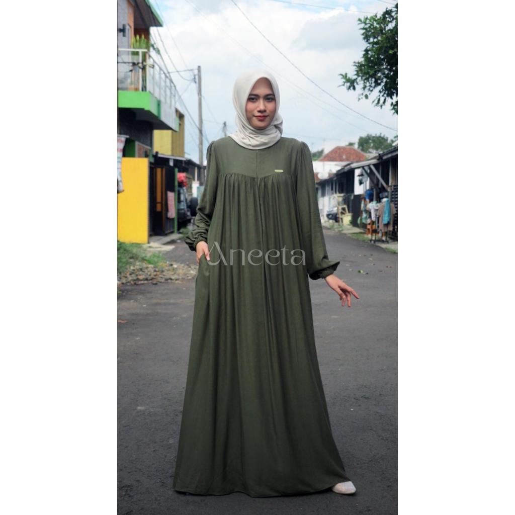 Gamis Aneeta Rayon Twill Premium Polos Warna Army Busui Bahan Adem Gamis Polos Army Rayon Premium