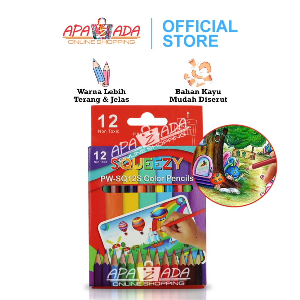 

Apazada - Pensil Warna Pendek Non Toxic [1 Set - 12 Warna] / Color Pencils SQUEEZY PW-SQ12S