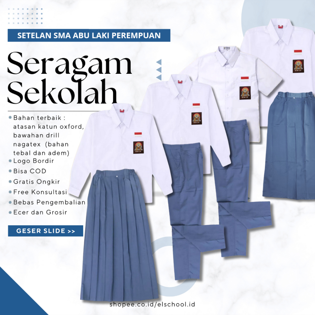 El School - Setelan SMA SMK Laki Perempuan Atasan Baju Kemeja Lengan Panjang Pendek Bawahan Celana R