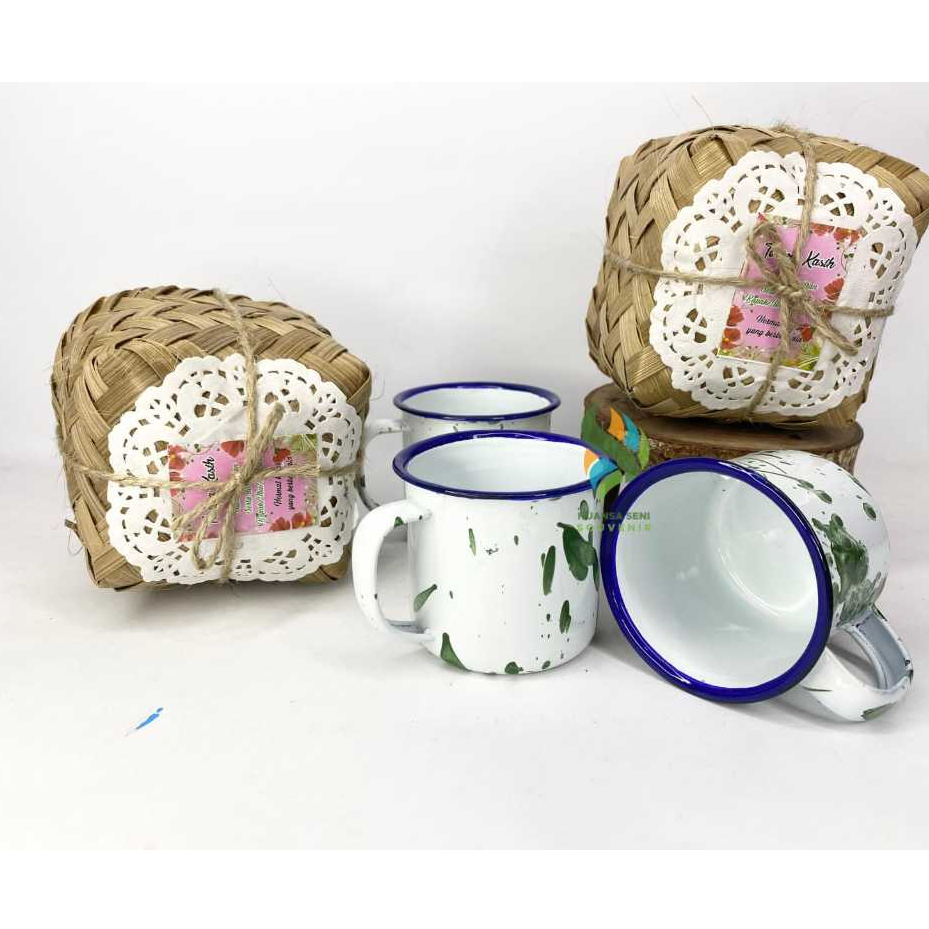 Souvenir Cangkir Enamel 6cm Gelas Minum Gagang Kaleng Blurik Mug Kopi Teh Motif Jadul