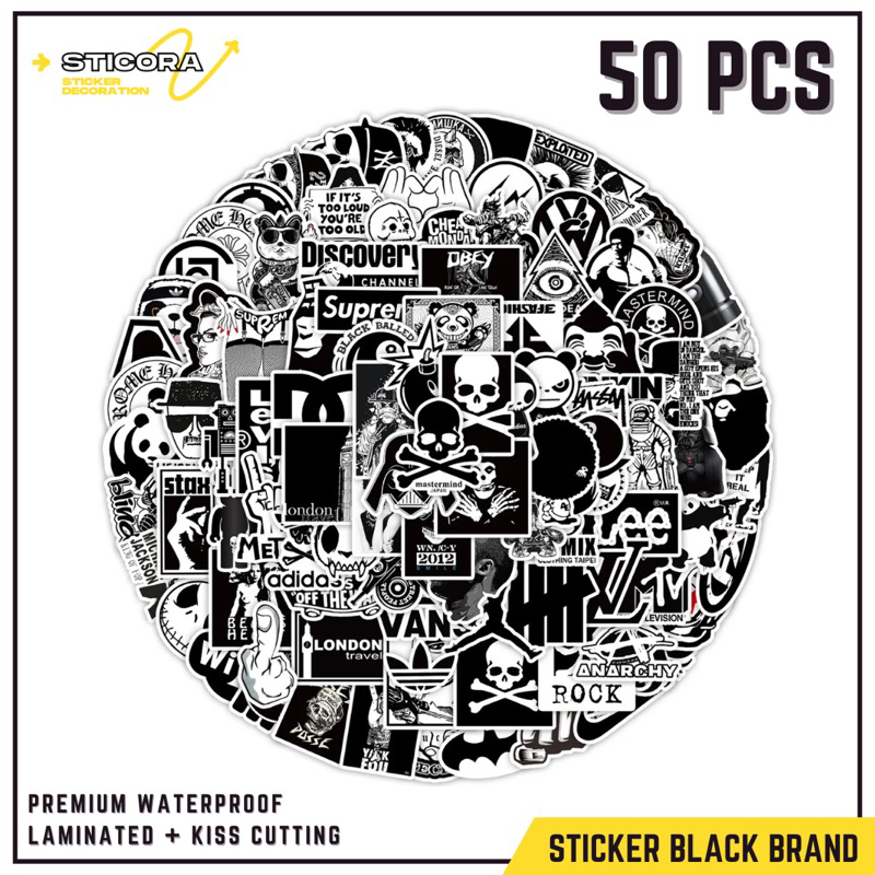 [50 Pcs] Stiker Pack Black White Fashion Brand Vinyl Waterproof Laminated Dekorasi Laptop Handphone 