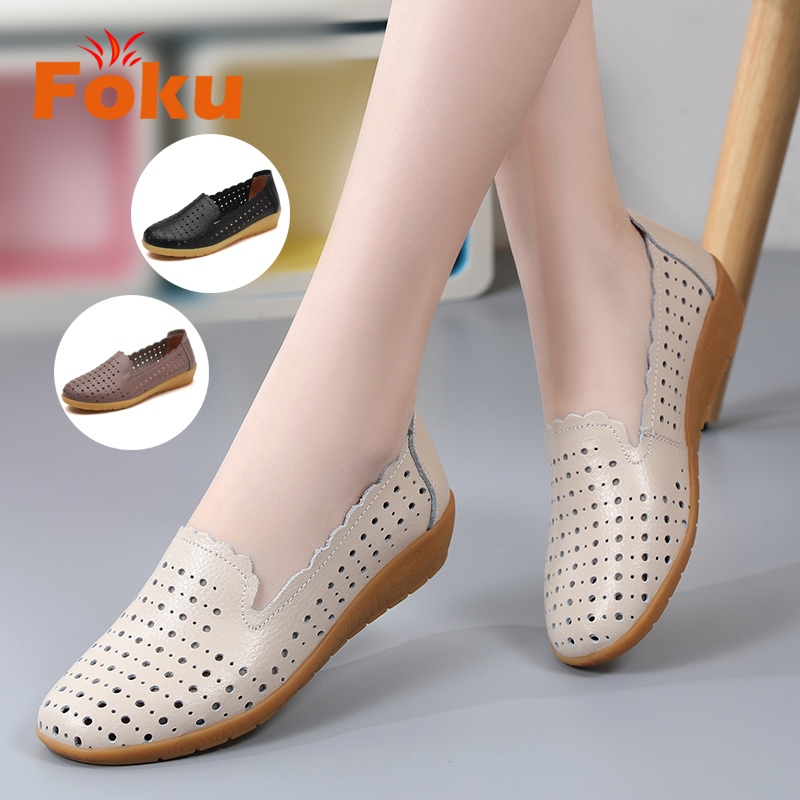 FOKU Sepatu Flat Wanita Slip On Sepatu Kulit Wanita Flatshoes