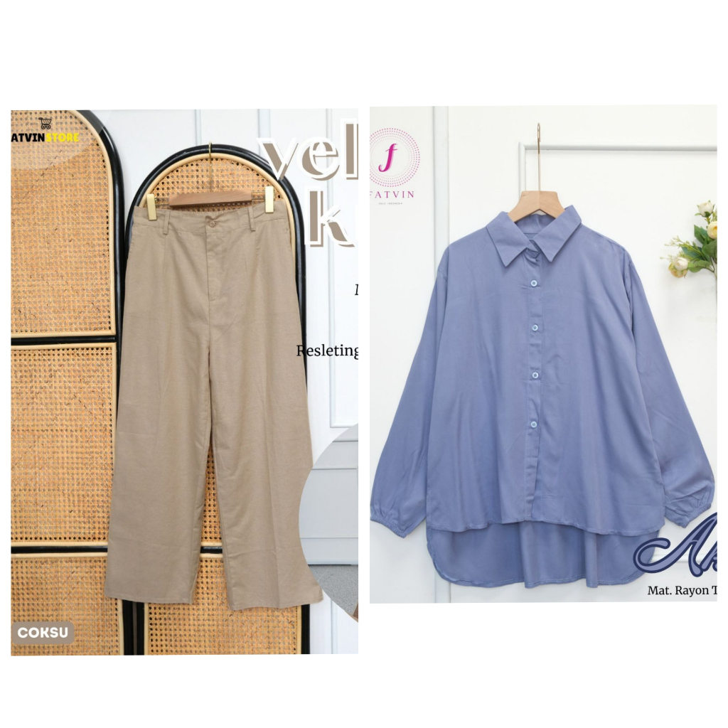 ONESET PEREMPUAN KEMEJA DAN KULOT POLOS BAHAN LINEN RAMI/RAYON TWILL PREMIUM