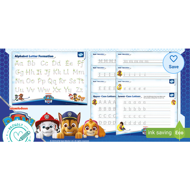 

(DIPRINTIN) Lembar Latihan menulis huruf besar dan kecil serta angka untuk Paud usia 3-5 tahun (Paw Patrol edition)