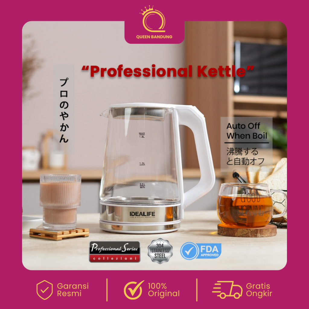 IDEALIFE Teko Listrik Kaca 1.8 Liter IL-113S Jumbo Electric Glass Kettle Pemanas Air