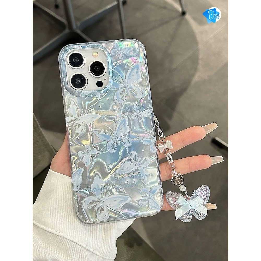 SS910 New Blue Butterfly Textured waterry Ripple Hologram With Charm Case Iphone - Hardcase/Casing H