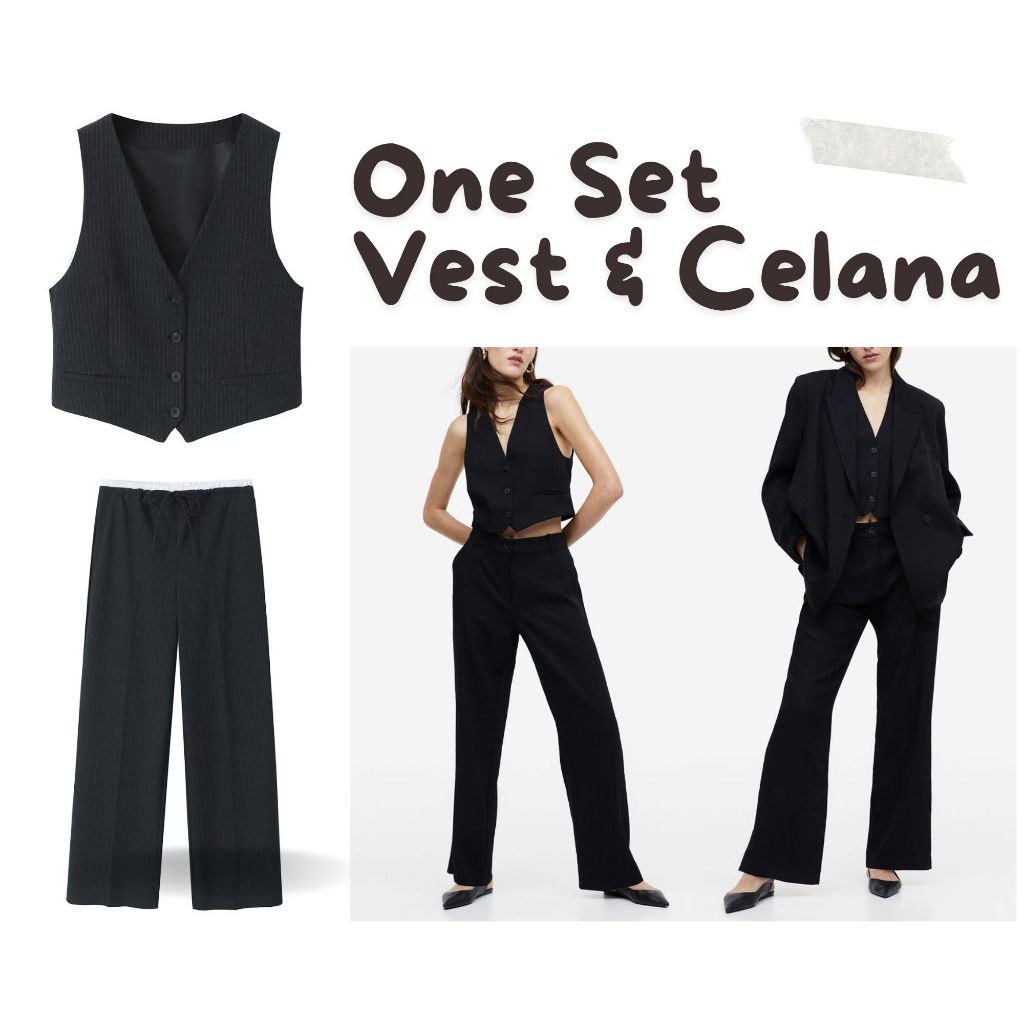 Setelan Vest Hitam Wanita One Set Blazer dan Celana Panjang