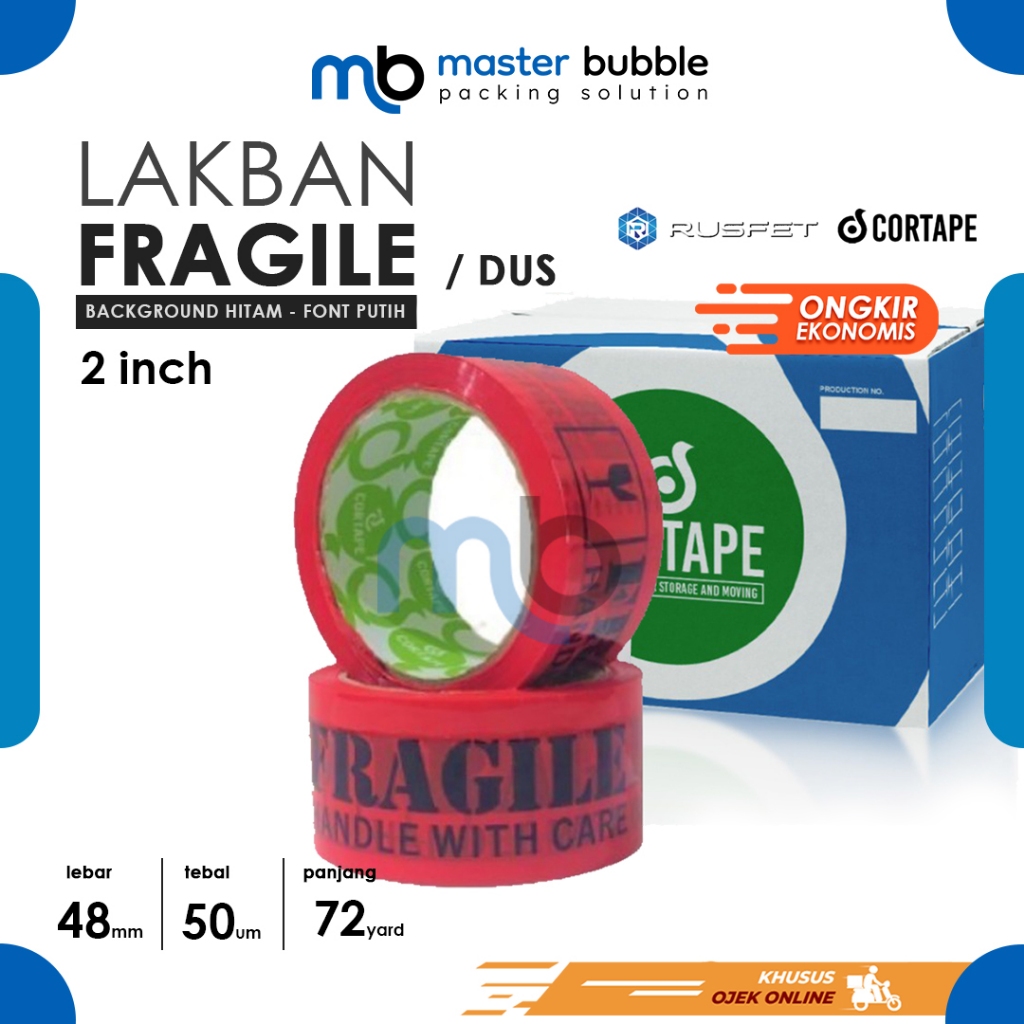 Lakban Cortape Fragile Merah Hitam 2inch 48mm x 72yard Harga Perdus 72 Roll (Khusus Ojek Online)