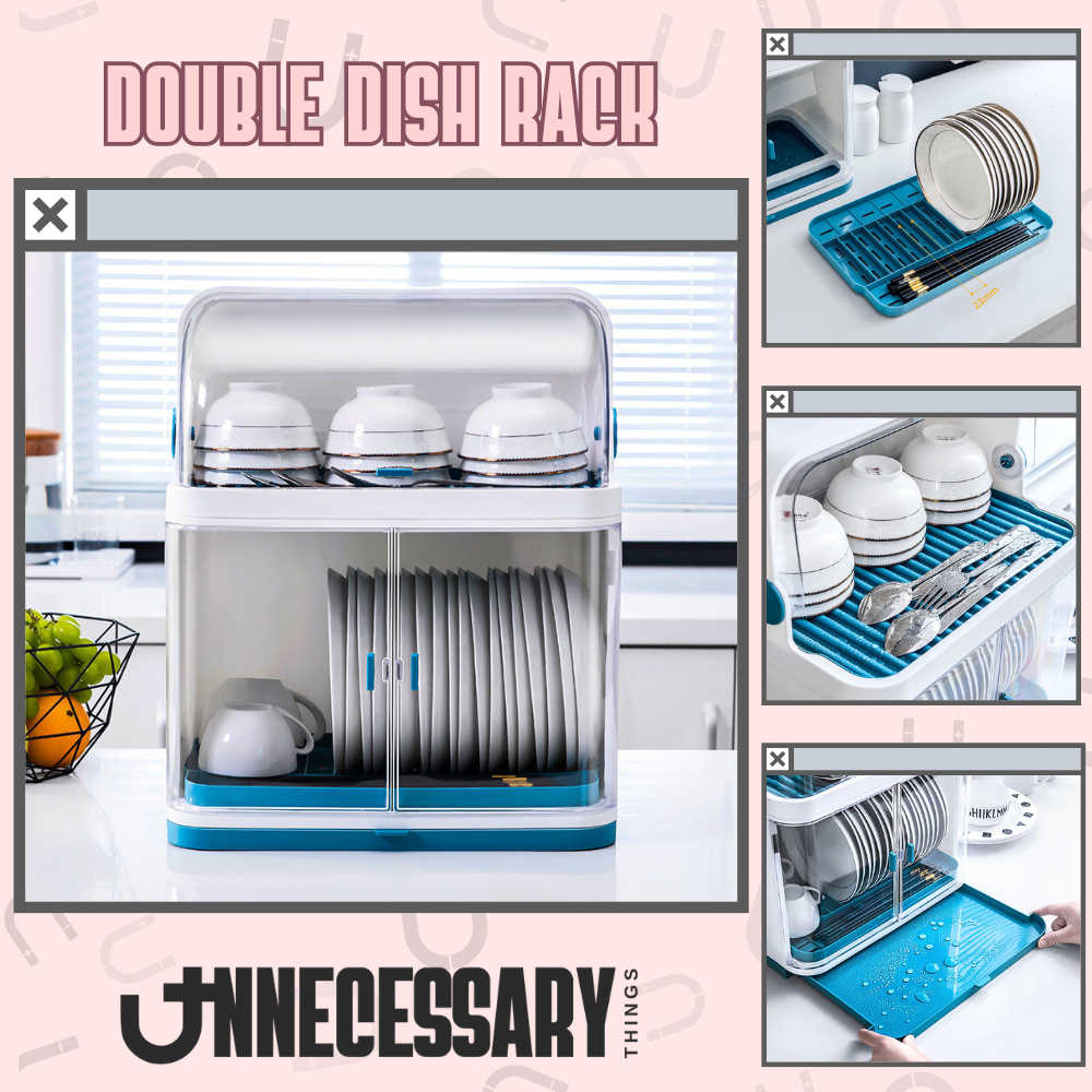 Rak Piring Plastik Dish Dryer Box 2 Susun Dapur Piring Mangkok Gelas Sendok Garpu dengan Tutup Akril