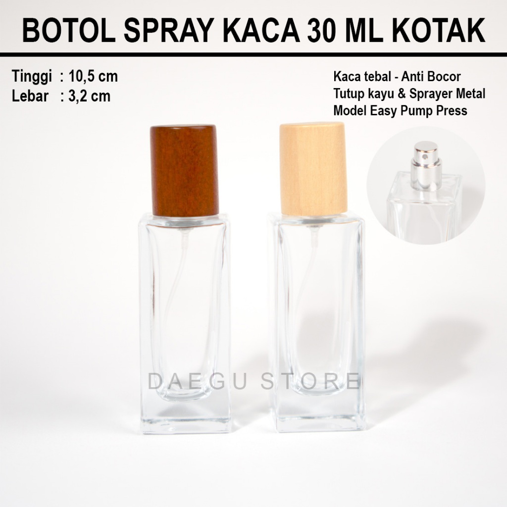 Botol Parfum 30ml Spray Kaca Kotak Tebal Tutup Kayu - Sprayer Metal Segel Easy Pump Press