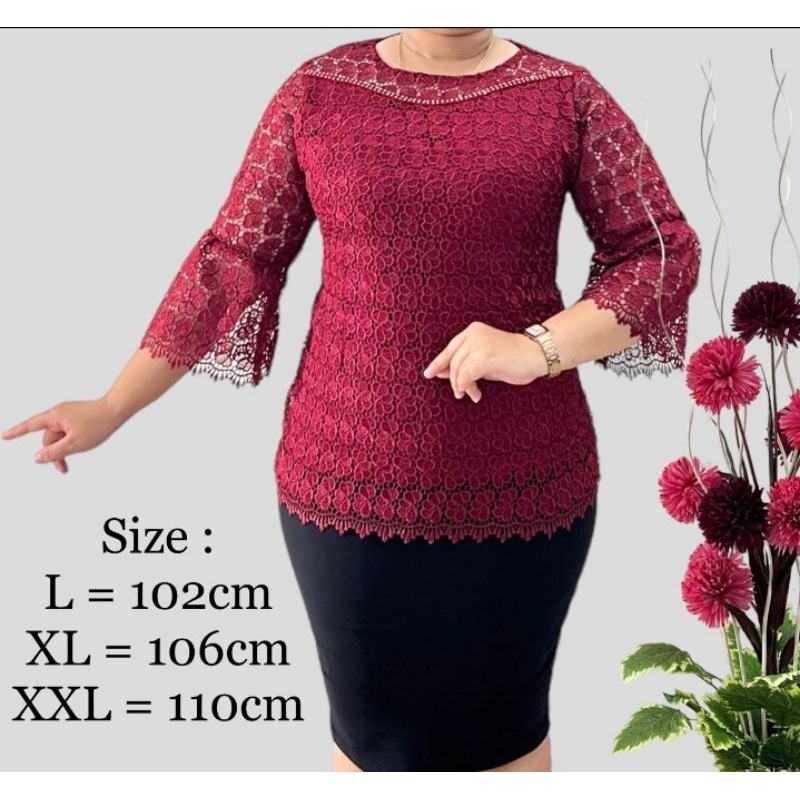 blus bahan full brokat, lapis katun