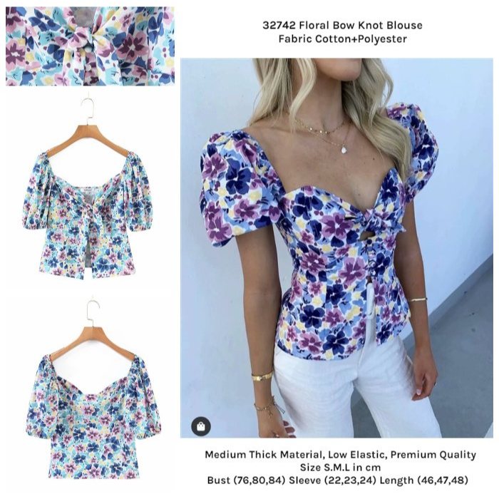 32742 Atasan Biru Wanita Motif Bunga Floral Bow Knot Blouse