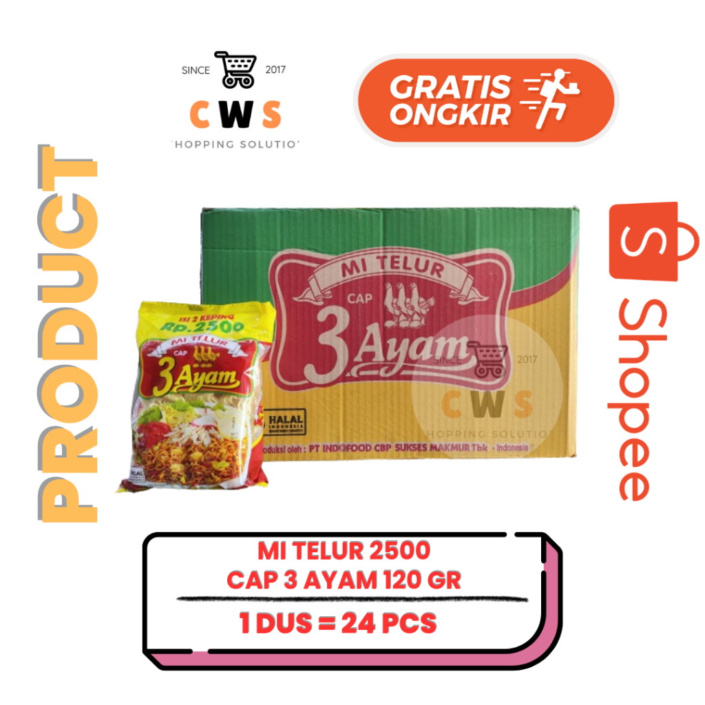 

MI TELUR Cap 3 Tiga Ayam Mie Instan 120 gr - 1 Dus / 24 Pcs