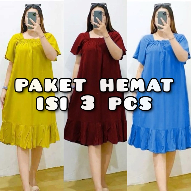 PAKET ISI 3 PCS DRESS DASTER FUJI LAURA CRINKLE POLOS WANITA MURAH