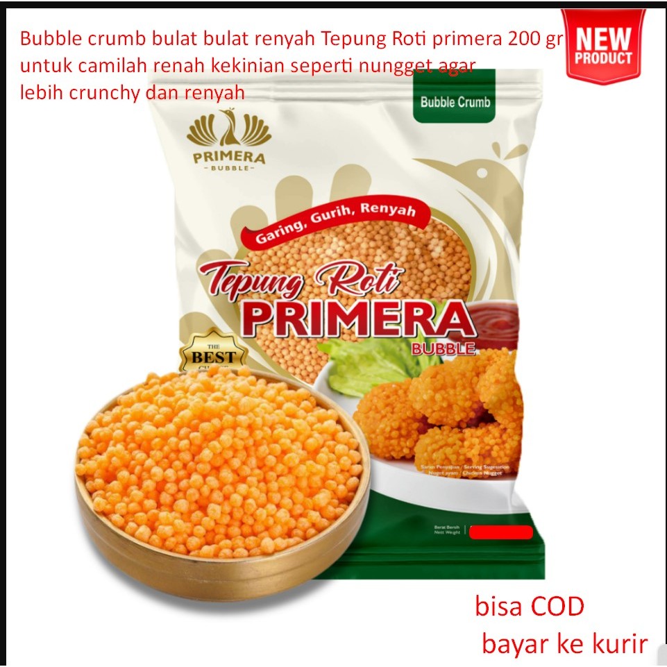 

Bubble crumb bulat bulat renyah Tepung Roti primera 200 gr untuk camilah renah kekinian seperti nungget agar lebih crunchy dan renyah