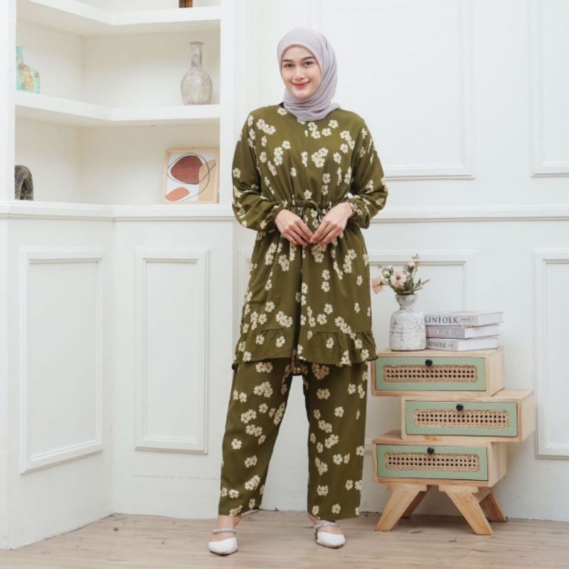 SETELAN TUNIK BUNGA RAYON PREMIUM JUMBO BUSUI TALI SERUT PINGGANG BATIK SEKAR ARUM