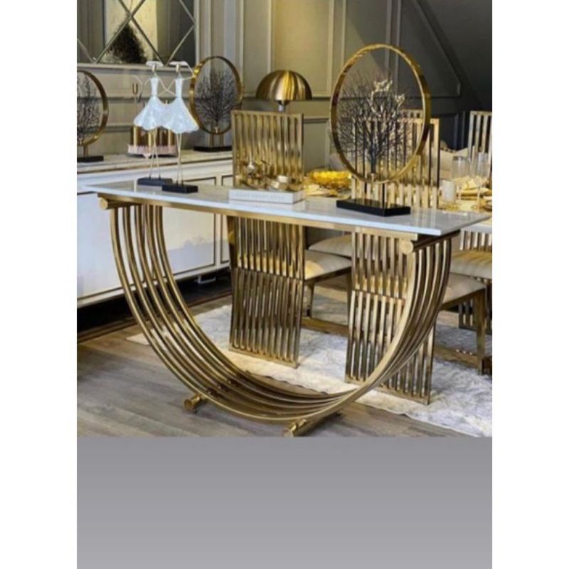 Meja Konsol - meja Konsol setengah lingkaran - meja besi dengan top table hpl motif